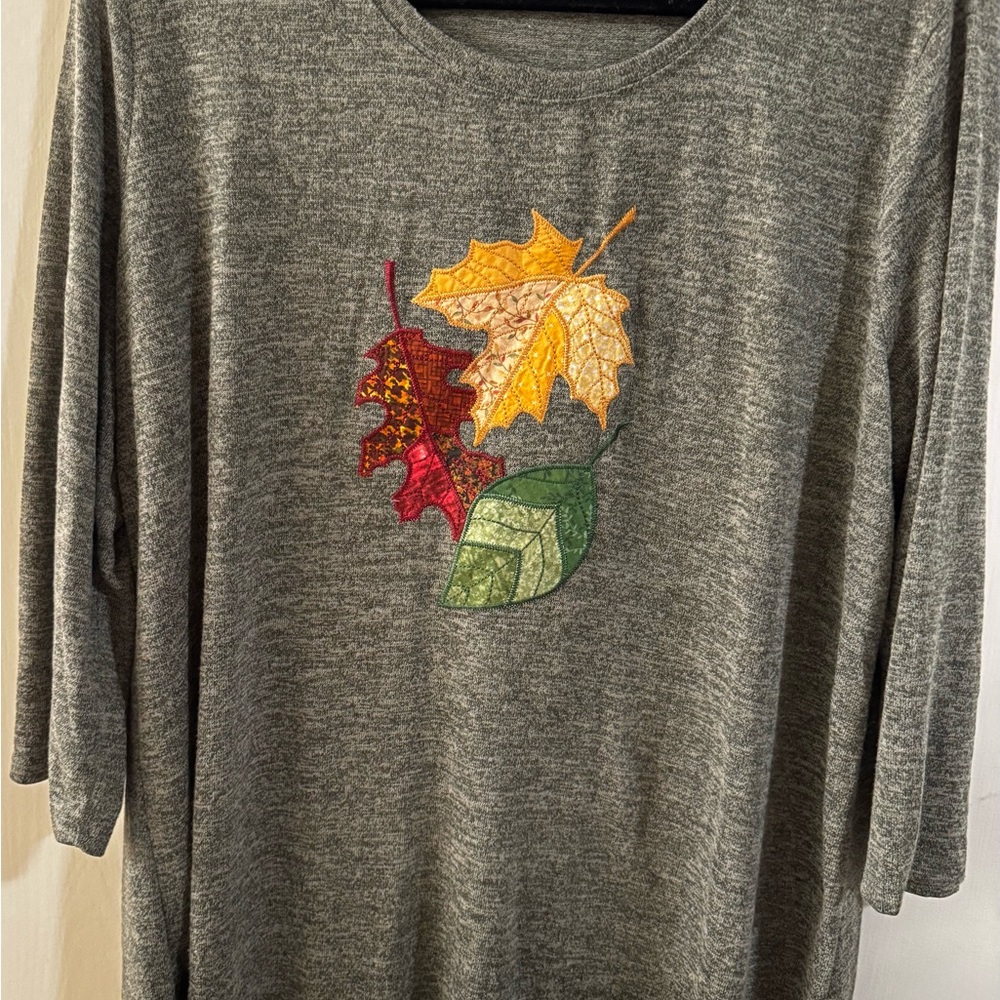 Greenish Long Sleeve Top with Leaf Design